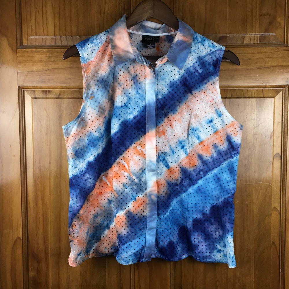 Liz Claiborne Womens L Tie Dye Eyelet Lace Sleeveless Button Down Coastal Boho